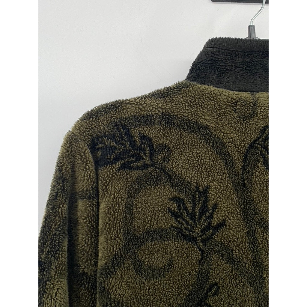 MARALYCE FERREE Women's Olive Green-Black Fleece Floral Print Button-Up Coat SZL