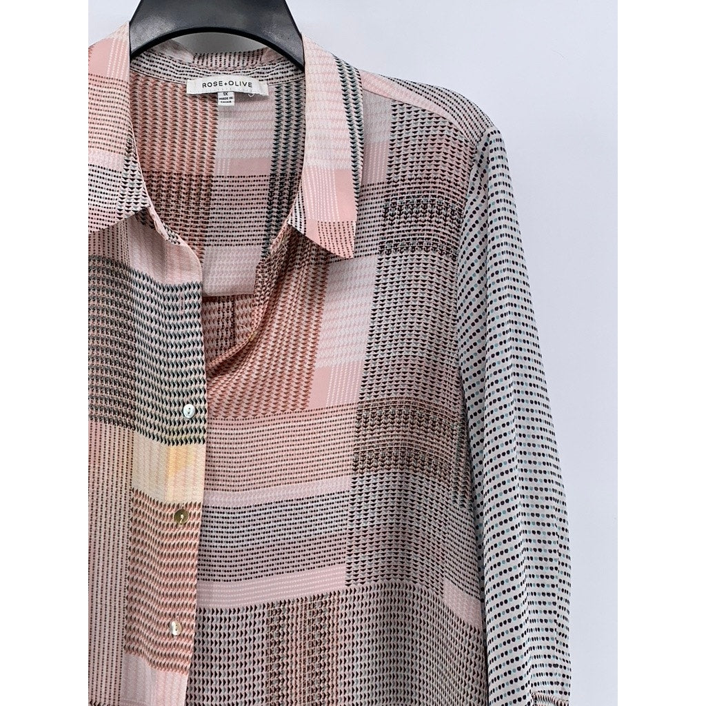 ROSE + OLIVE Women's Plus Pink-Gray Geo Print Button-Up 3/4 Sleeve Top SZ 1X