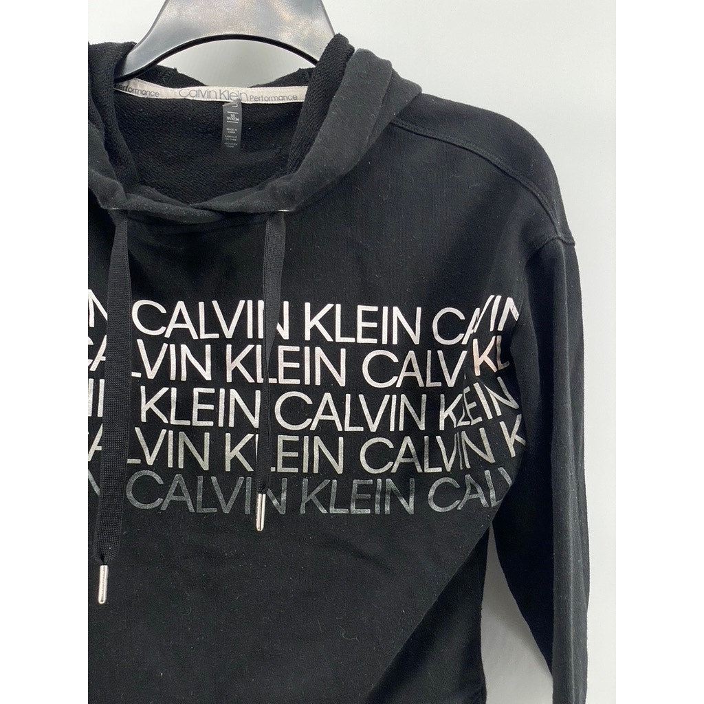 CALVIN KLEIN Women's Black Logo Pullover Hooded Cropped Sweater SZ XS