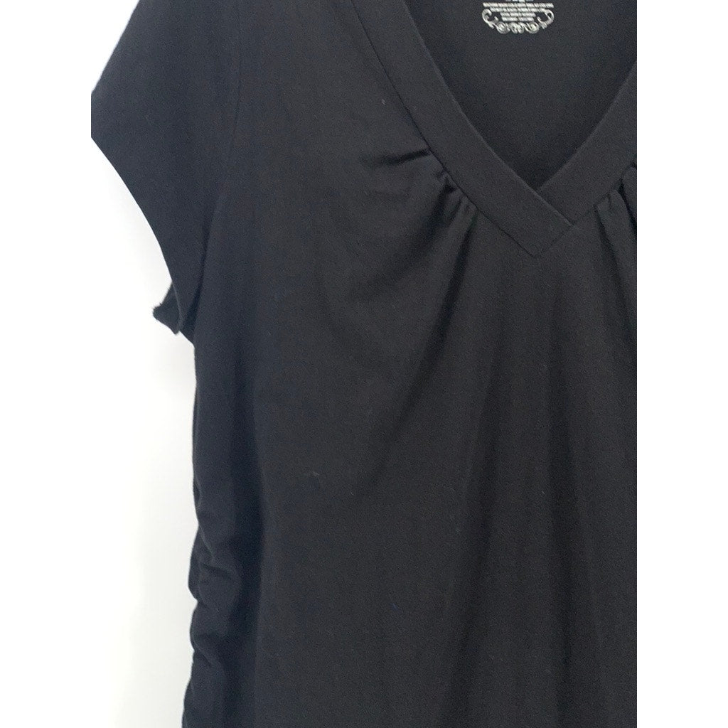 VENEZIA Women's Black Solid V-Neck Side-Ruched Short Sleeve Top SZ 18/20