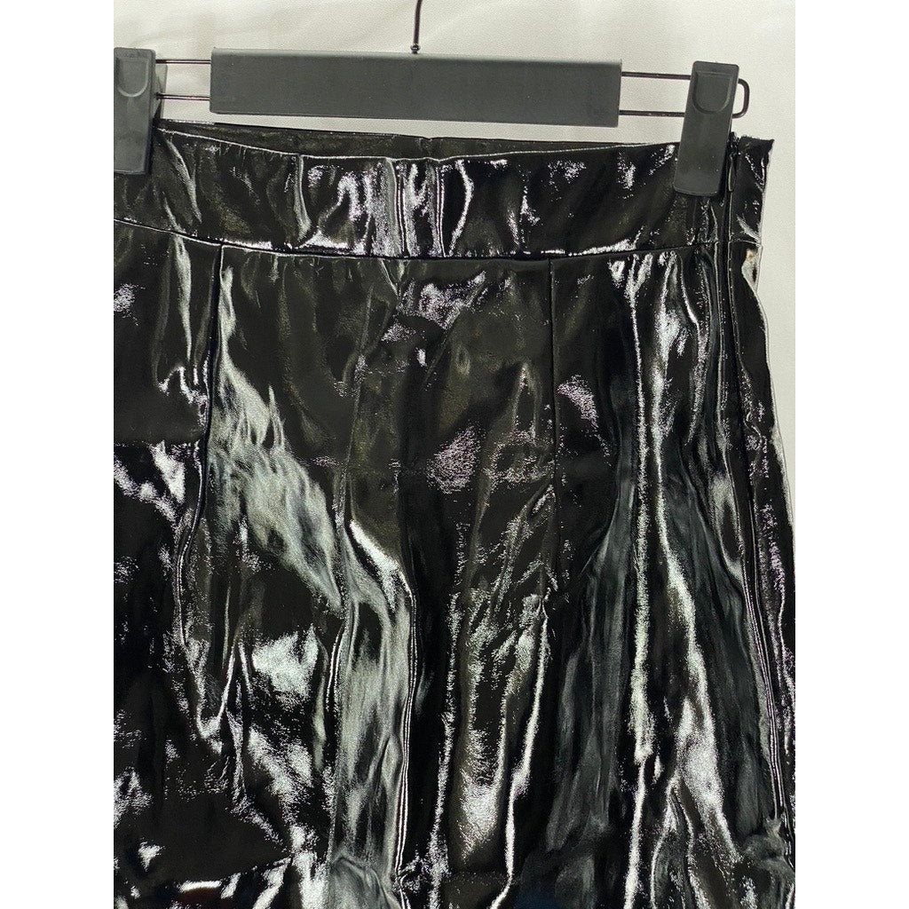 UNBRANDED Women's Black-Blue Faux Patent Leather Faux-Fur Trim Mini Skirt SZ S