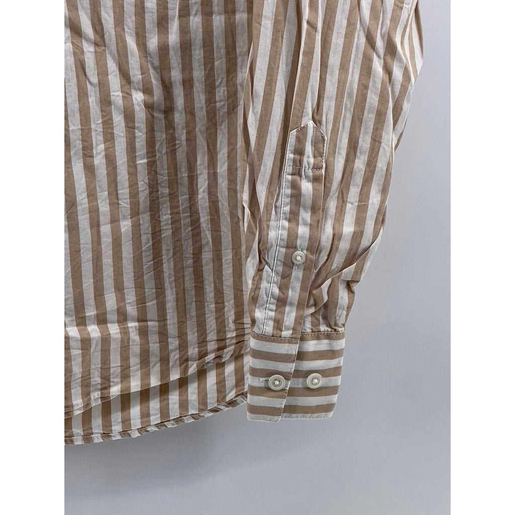 H&M Men's Brown-White Striped Regular-Fit Button-Up Long Sleeve Shirt SZ S