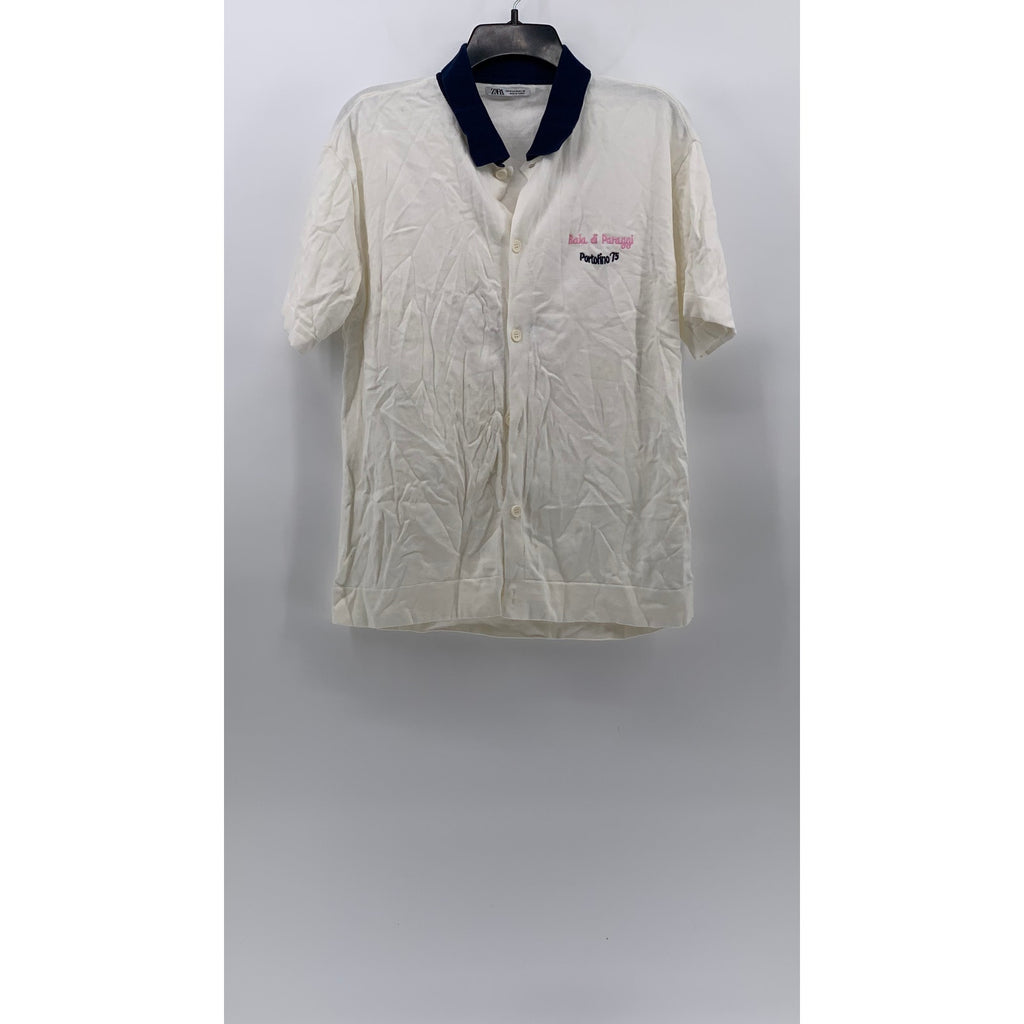 ZARA Men's White-Navy Bai Di Paraggi Embroidered Button-Up Polo Shirt SZ M