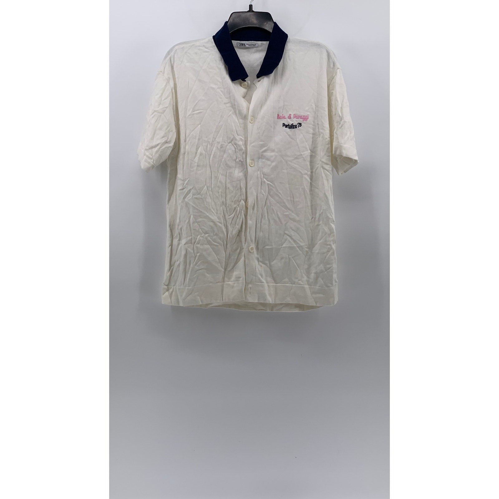 ZARA Men's White-Navy Bai Di Paraggi Embroidered Button-Up Polo Shirt SZ M