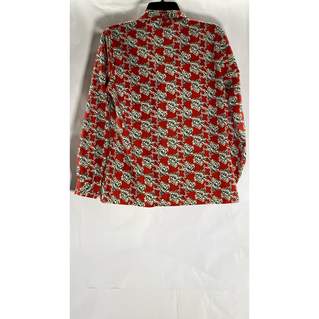 LUCKY WINNER Women's Red Floral Tie-Neck Long Sleeve Top SZ S