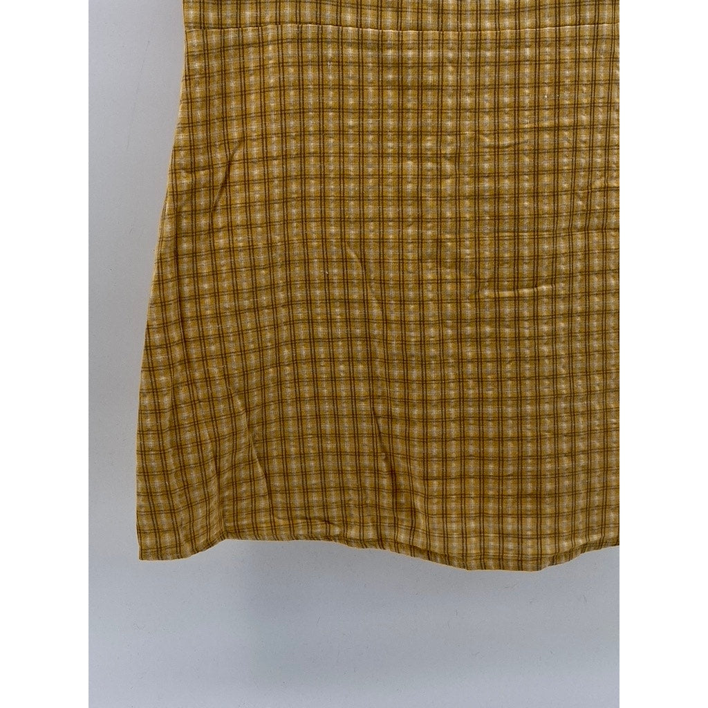 URBAN OUTFITTER Women's Mustard Yellow Emma Plaid Straight-Neck Mini Dress SZ 4