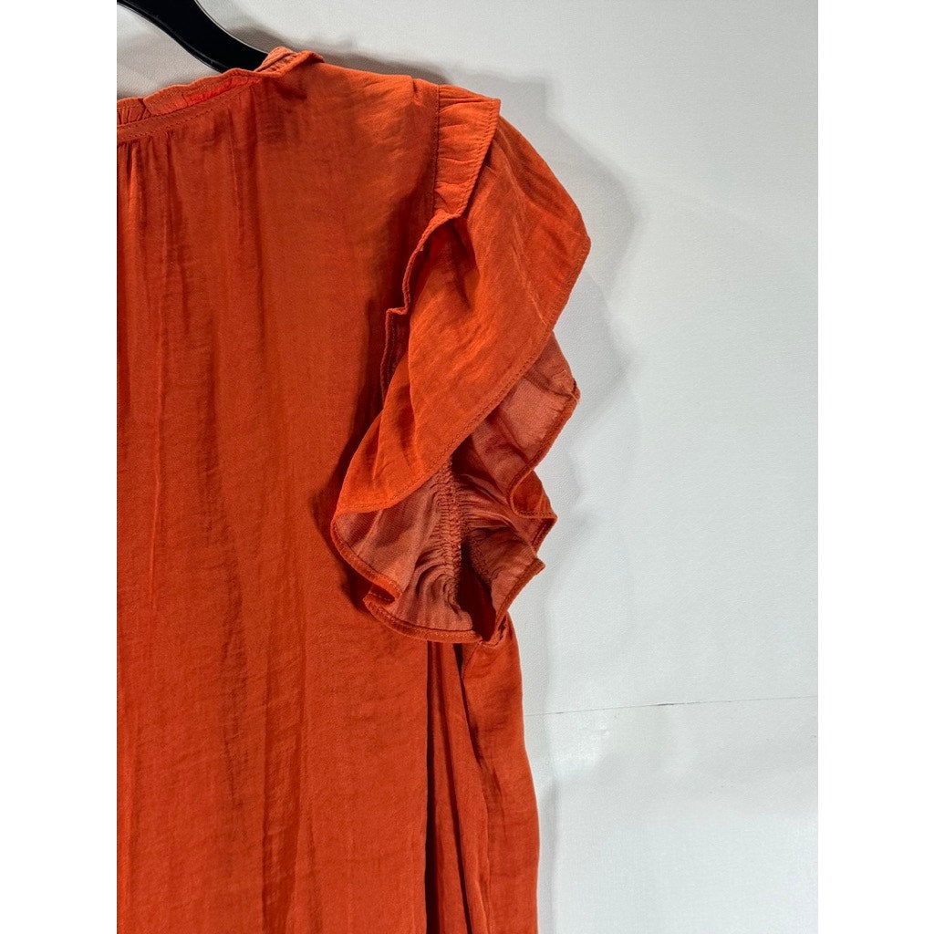 RACHEL RACHEL ROY Women's Orange Tie-Neck Ruffle Short Sleeve Top SZ M