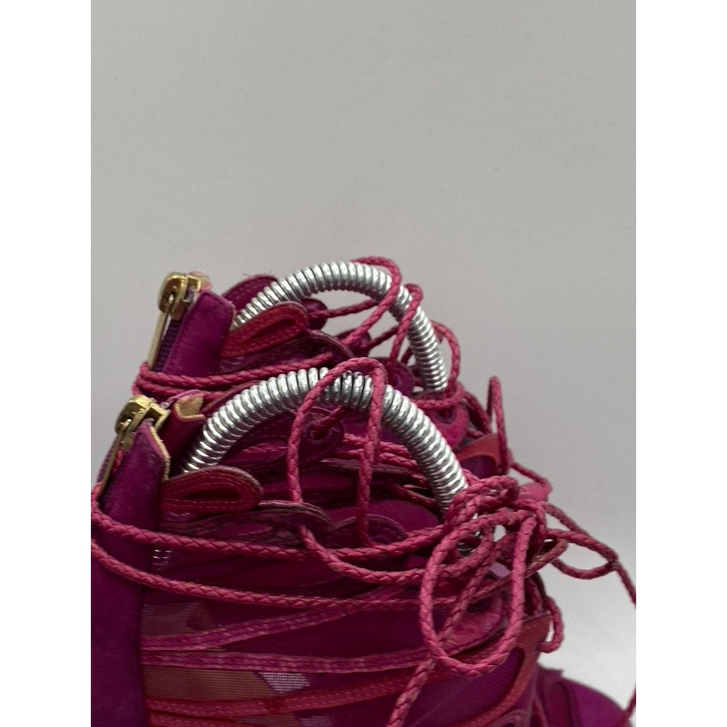 JIMMY CHOO Women's Magenta Kafira Mesh Peep-Toe Stiletto Booties SZ 38.5(US8.5)