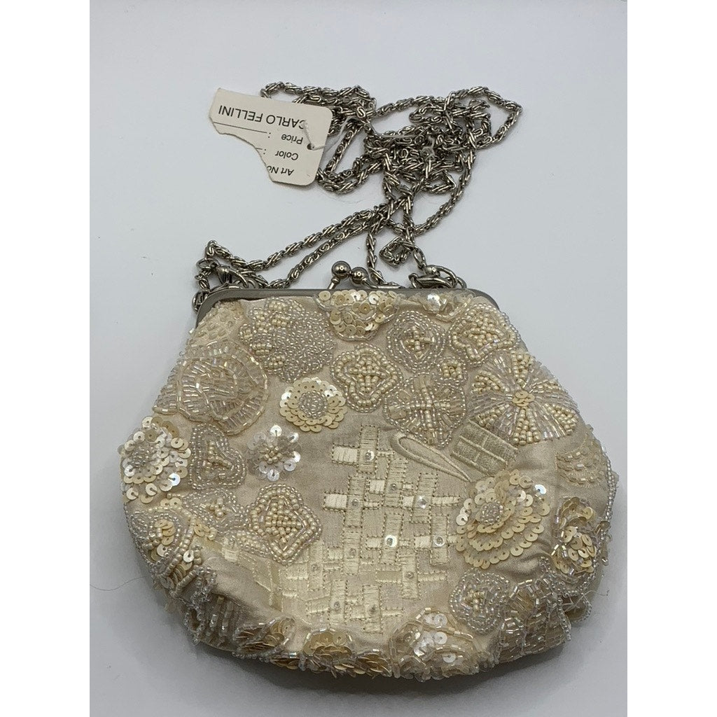 CARLO FELLINI Women's Beige Beaded Sequin Kiss-Lock Clutch Crossbody Bag