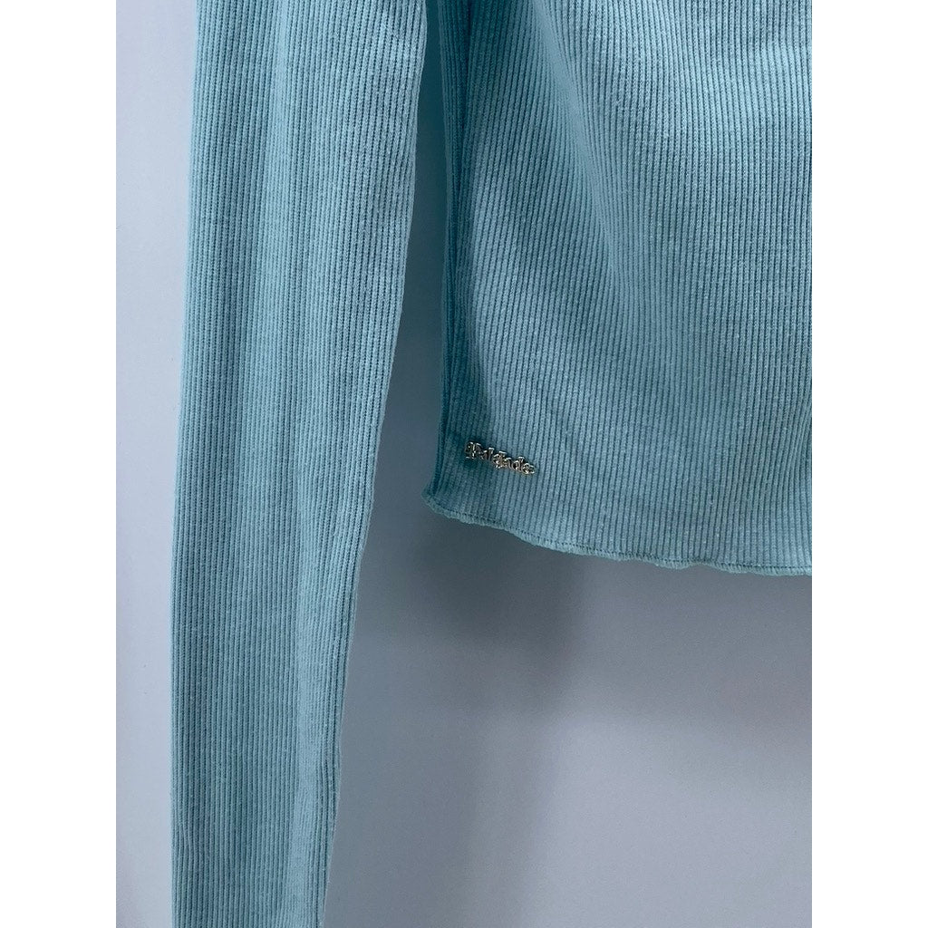 PALE JADE Women's Light Blue Ribbed V-Neck Long Sleeve Button-Up Top SZ S