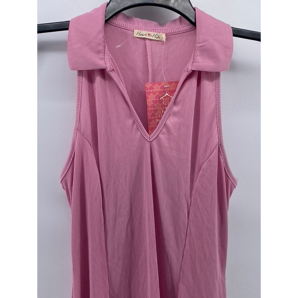 HEART & HIPS Women's Pink Ribbed V-Neck Collared Sleeveless Mini Dress SZ L