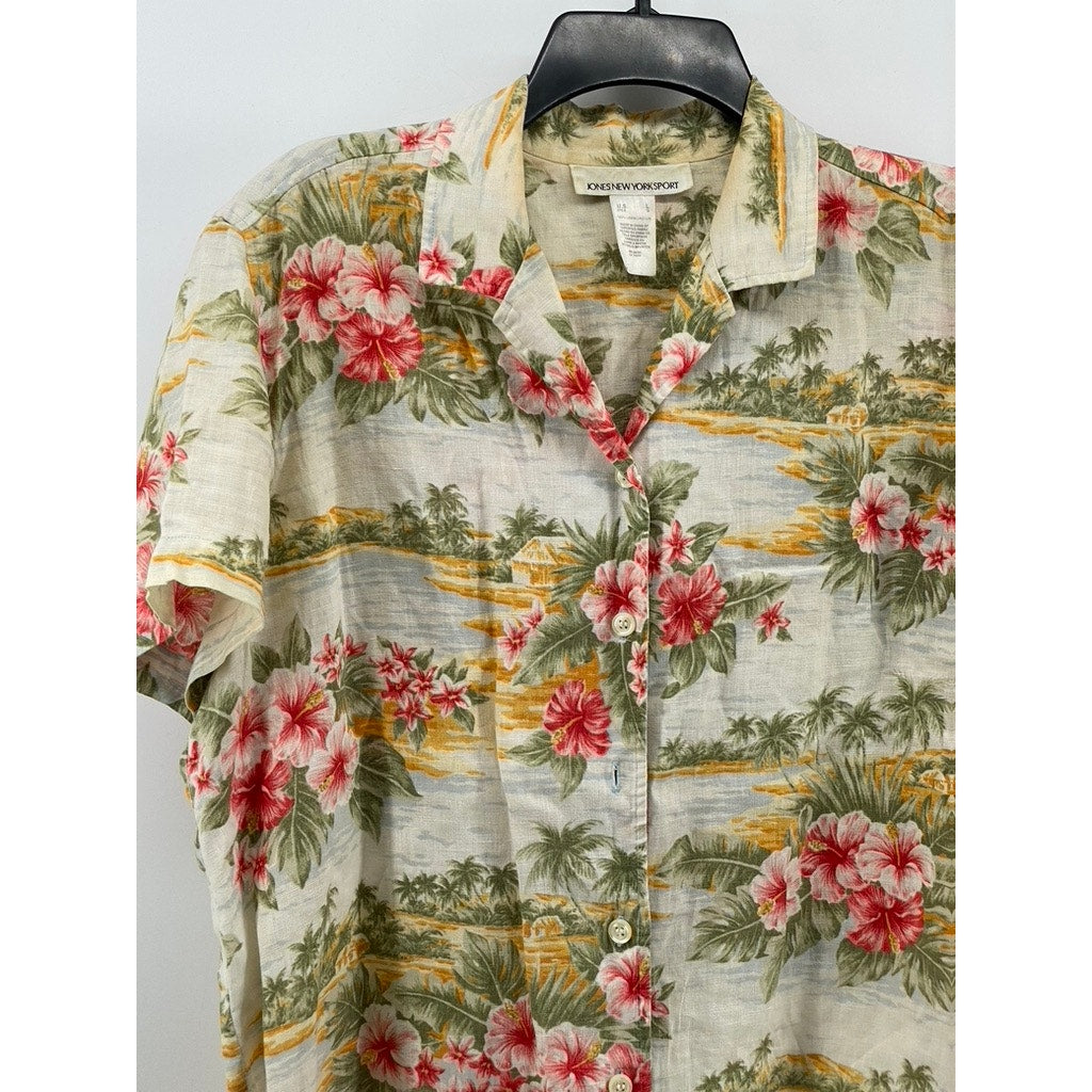 JONES NEW YORK SPORT Women's Tan Linen Floral Button-Up Short Sleeve Top SZ L