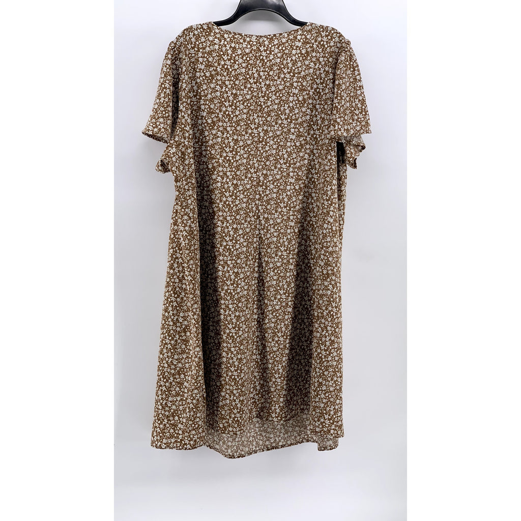 SHEIN Women's Plus Tan Floral Short Sleeve V-Neck Dress SZ 3XL