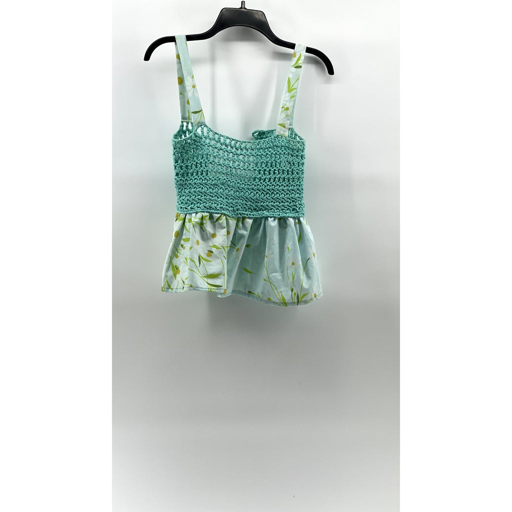 UNBRANDED Women's Blue Floral Scoop-Neck Crochet Knit Handmade Ruffle Top SZ S