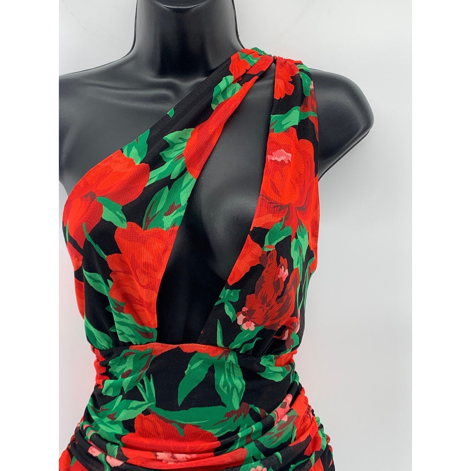 AFRM Women'S Black-Red Floral Delos One-Shoulder Cutout One-Piece Bodysuit SZ XS