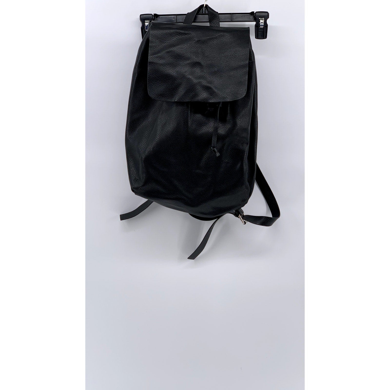 ZARA Women's Black Faux Leather Flap Drawstring Backpack