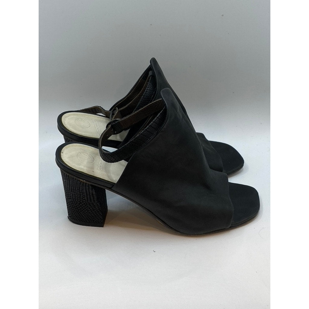 COCLICO Women's Black Leather Square Peep-Toe Heeled Sandals SZ 38.5(US8.5)