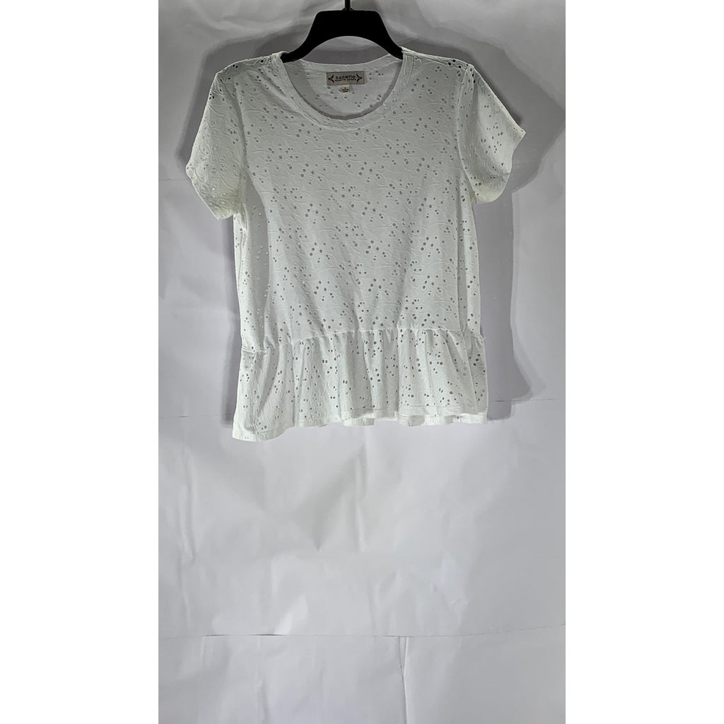 NANETTE LEPORE Women’s White Eyelet Short Sleeve Crewneck Peplum Top SZ S