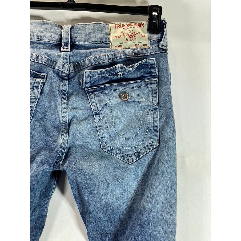 TRUE RELIGION Men's Light Blue Ripped Geno Relaxed Slim-Fit Denim Jeans SZ 34