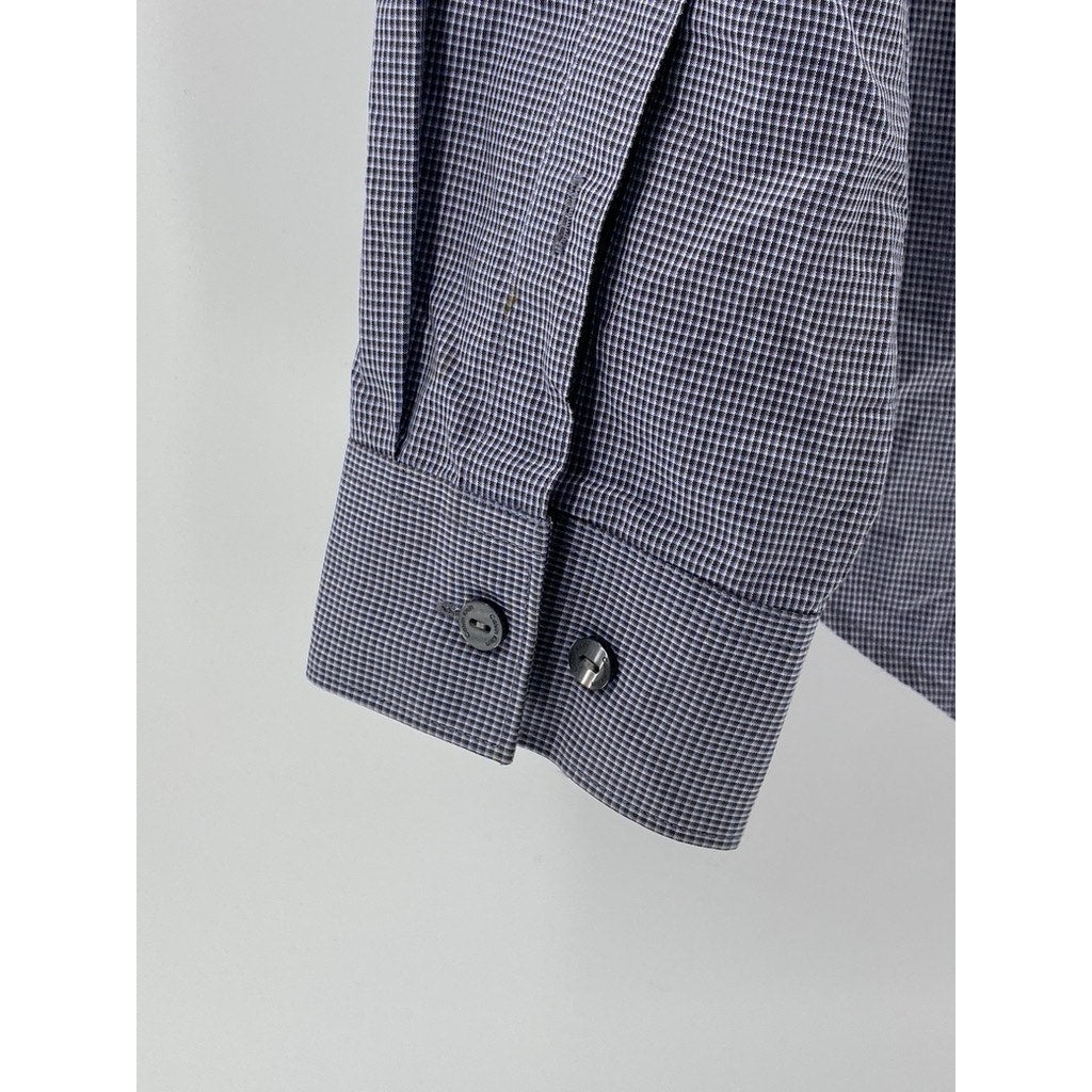 CALVIN KLEIN Men's Blue Micro-Check Regular-Fit Button-Up Long Sleeve Shirt SZ M