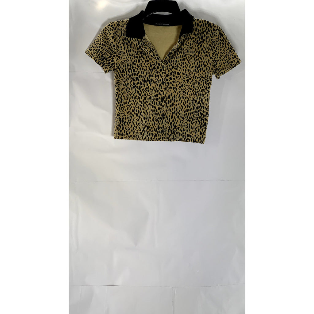 BRANDY MELVILLE Women's Tan-Black Animal Print Button-Up Cropped Top SZ OS