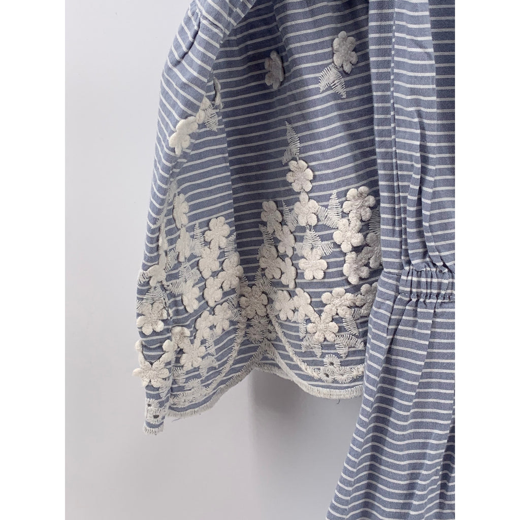 A NEW DAY Women's Blue-White Striped Surplice Embroidered Elbow Sleeve Dress SZS