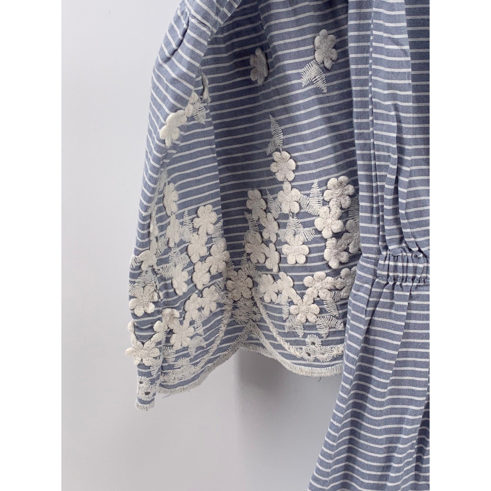 A NEW DAY Women's Blue-White Striped Surplice Embroidered Elbow Sleeve Dress SZS