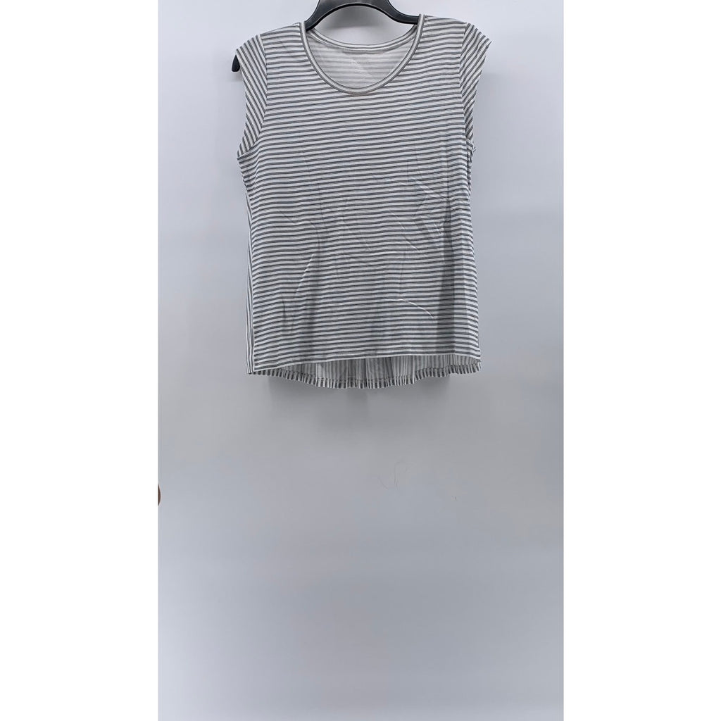 LOFT OUTLET Women's Petite White-Gray Striped Crewneck Ruffle-Hem Top M/P
