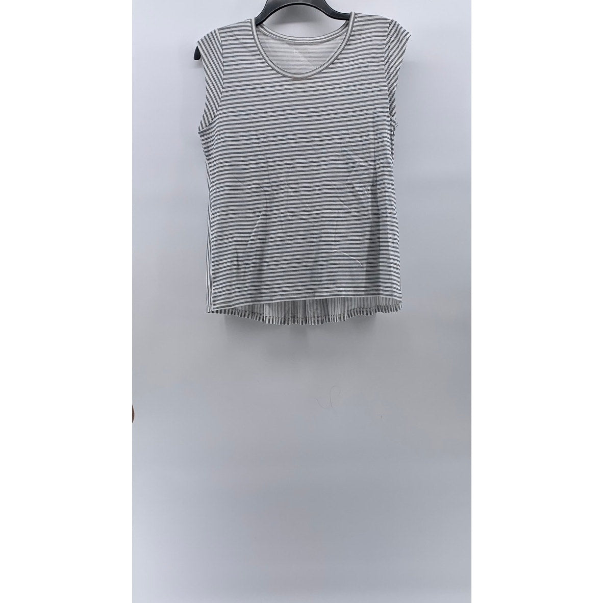 LOFT OUTLET Women's Petite White-Gray Striped Crewneck Ruffle-Hem Top M/P