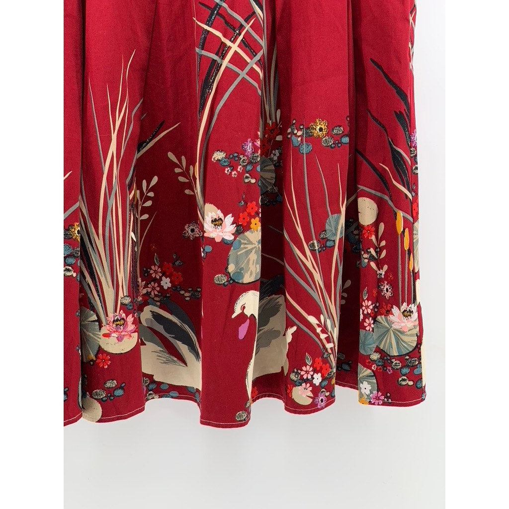 UNBRANDED Women's Plus Red Printed A-Line Pleated Knee Skirt SZ 3XL