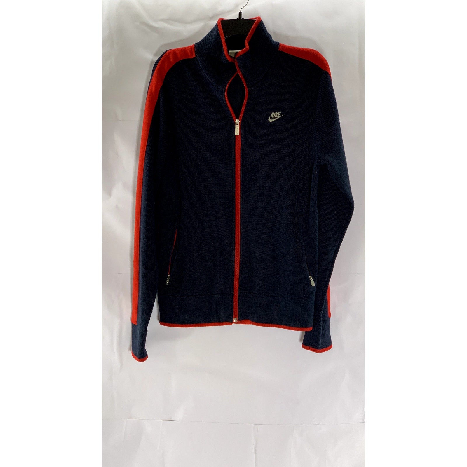 NIKE Men's Vintage Navy/Red Textured Wool Blend Stand-Collar Zip-Up Sweater SZ S