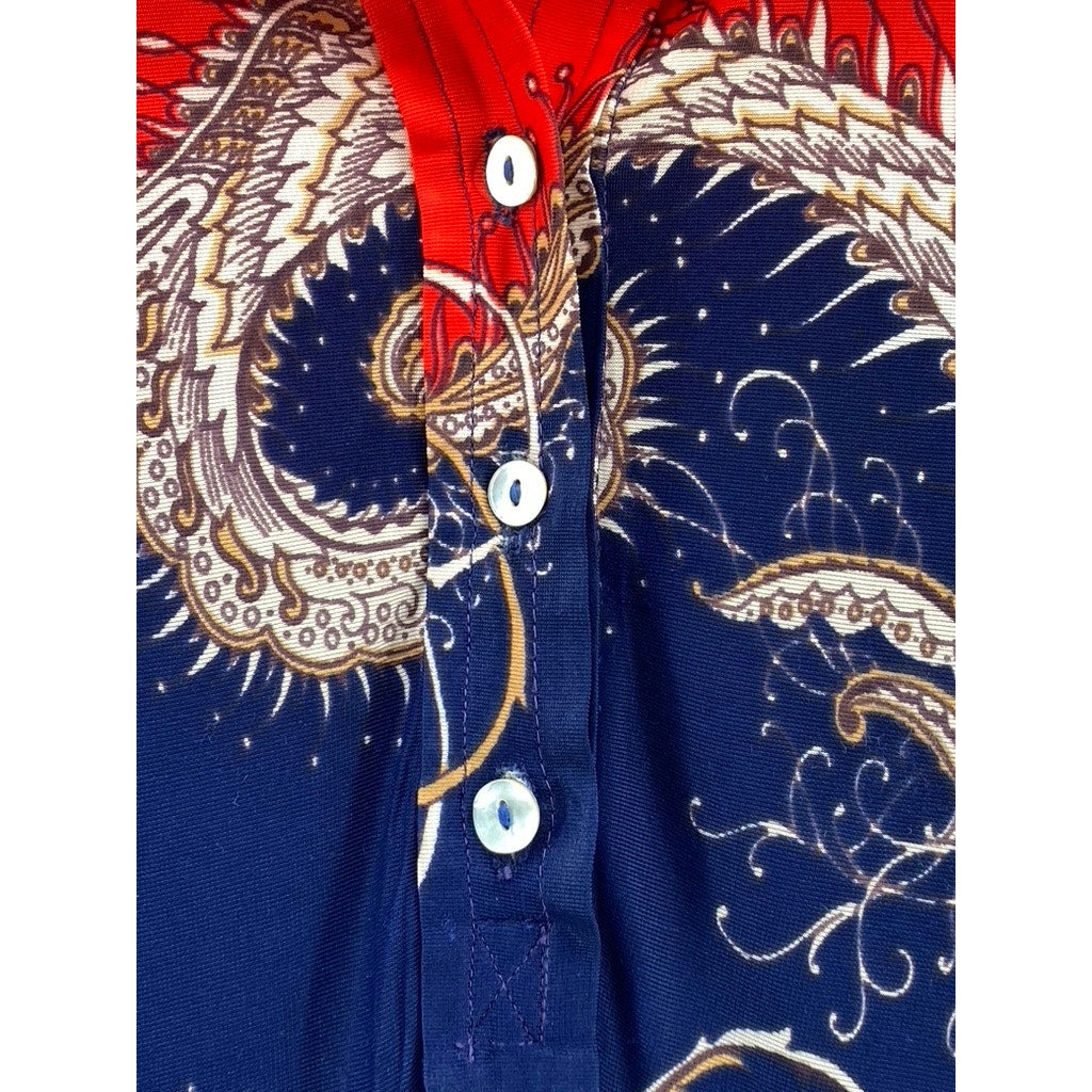 RICHARD SHOPS Women's Red-Navy Dragon Print Henley Long Sleeve Maxi Dress SZ 14