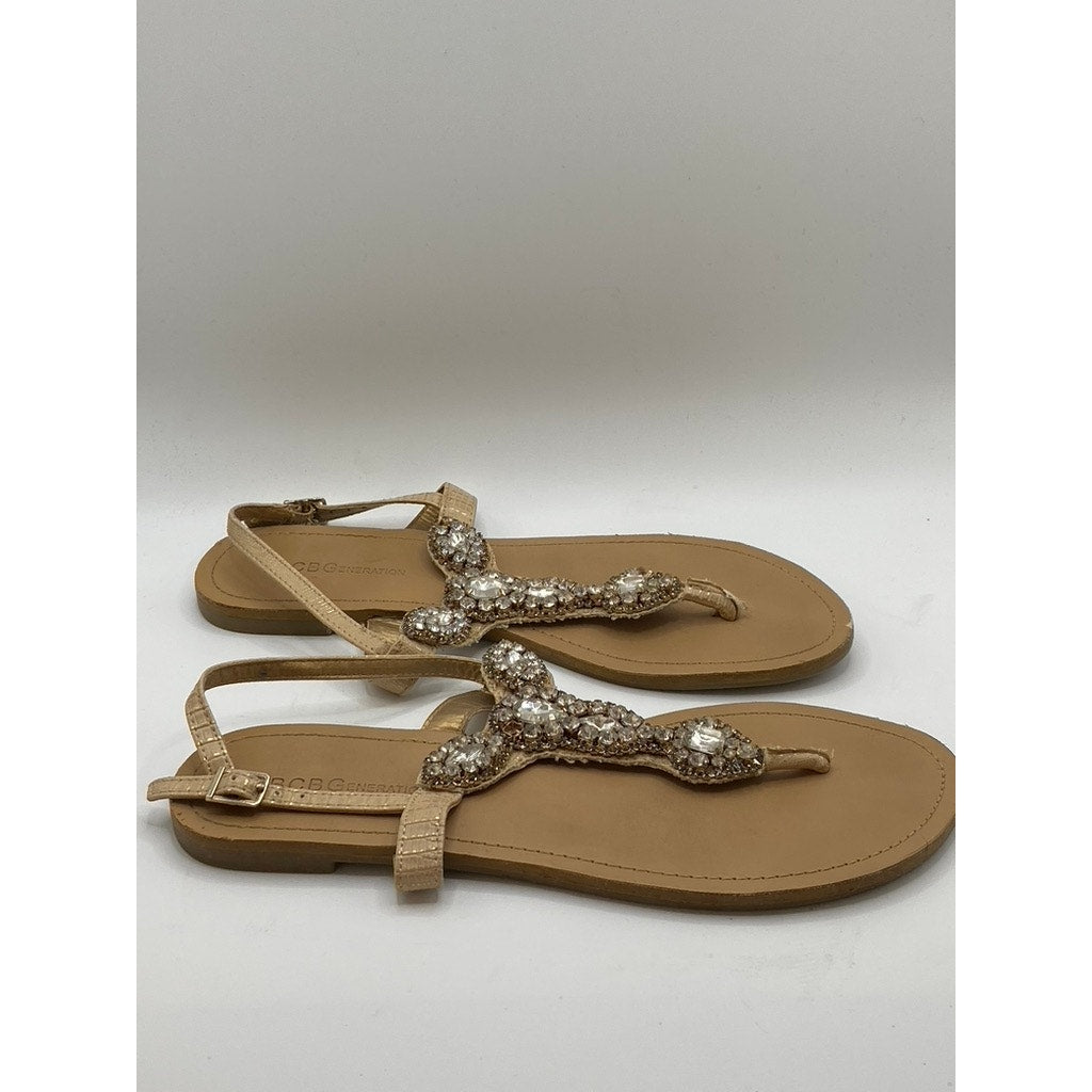 BCBGENERATION Women's Tan Rhinestone Embellished T-Strap Sandals SZ 7