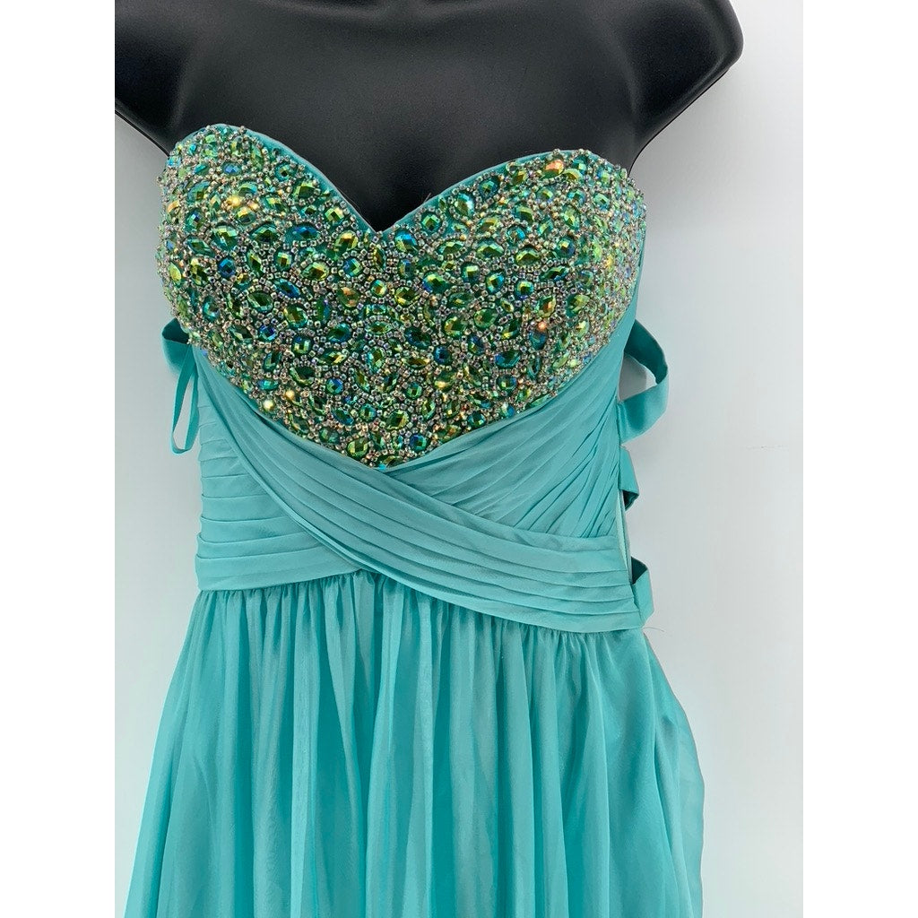 LA FEMME Women's Blue Rhinestone Strappy-Back Strapless Gown SZ 6
