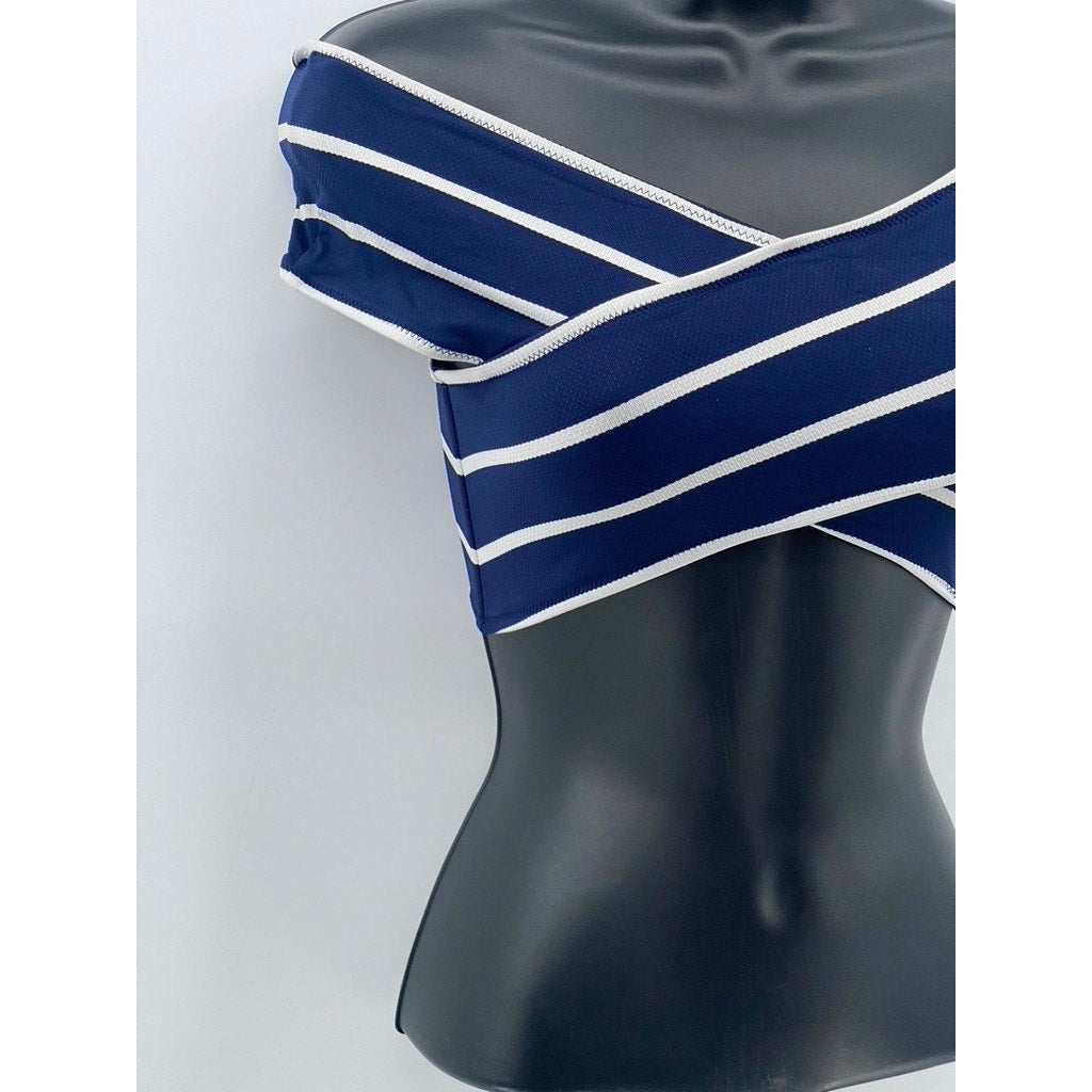 UNBRANDED Women's Navy Blue-White Striped Stretch Off-The-Shoulder Crop Top SZ S
