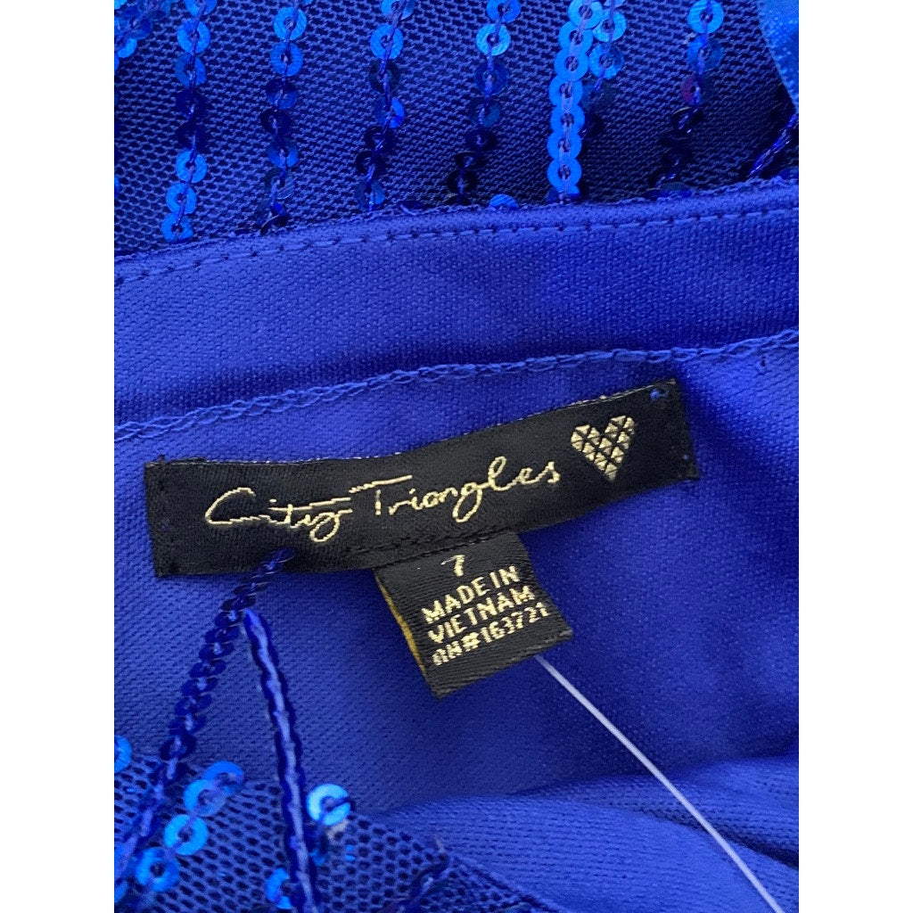 CITY TRIANGLES Juniors Blue Mesh Sequin Embellished Straight-Neck Mini Dress SZ7