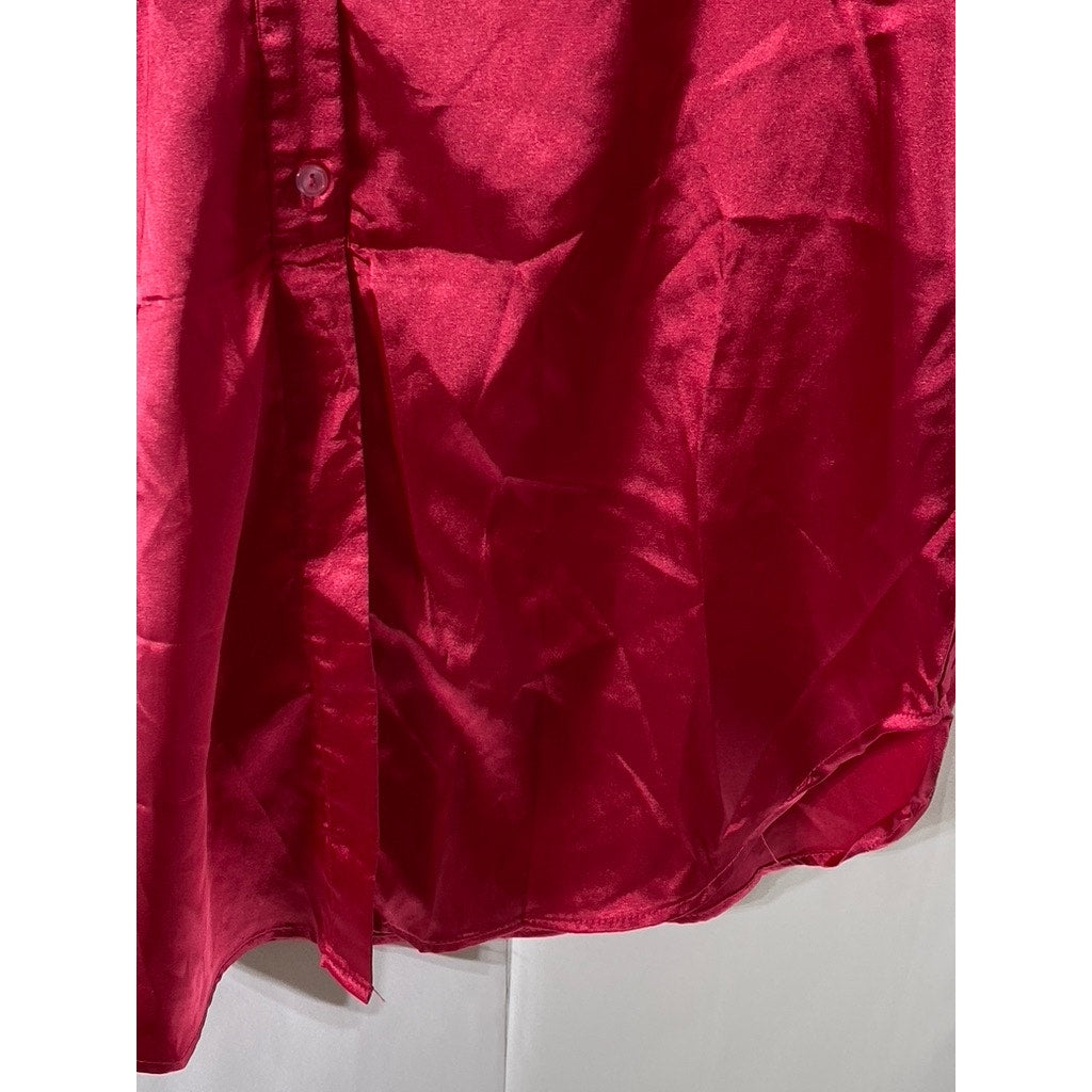 SHEIN Women's Dark Pink Satin Button-Up Long Sleeve Maxi Relaxed-Fit Dress SZ XS