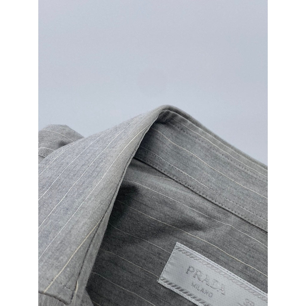 PRADA MILANO Men's Light Gray Striped Button-Up Long Sleeve Shirt SZ 15.5