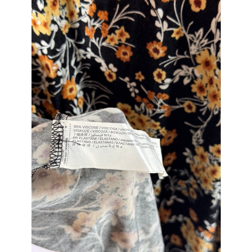 MNG BASICS Women's Black Floral V-Neck Short Sleeve Pullover Mini Dress SZ 8