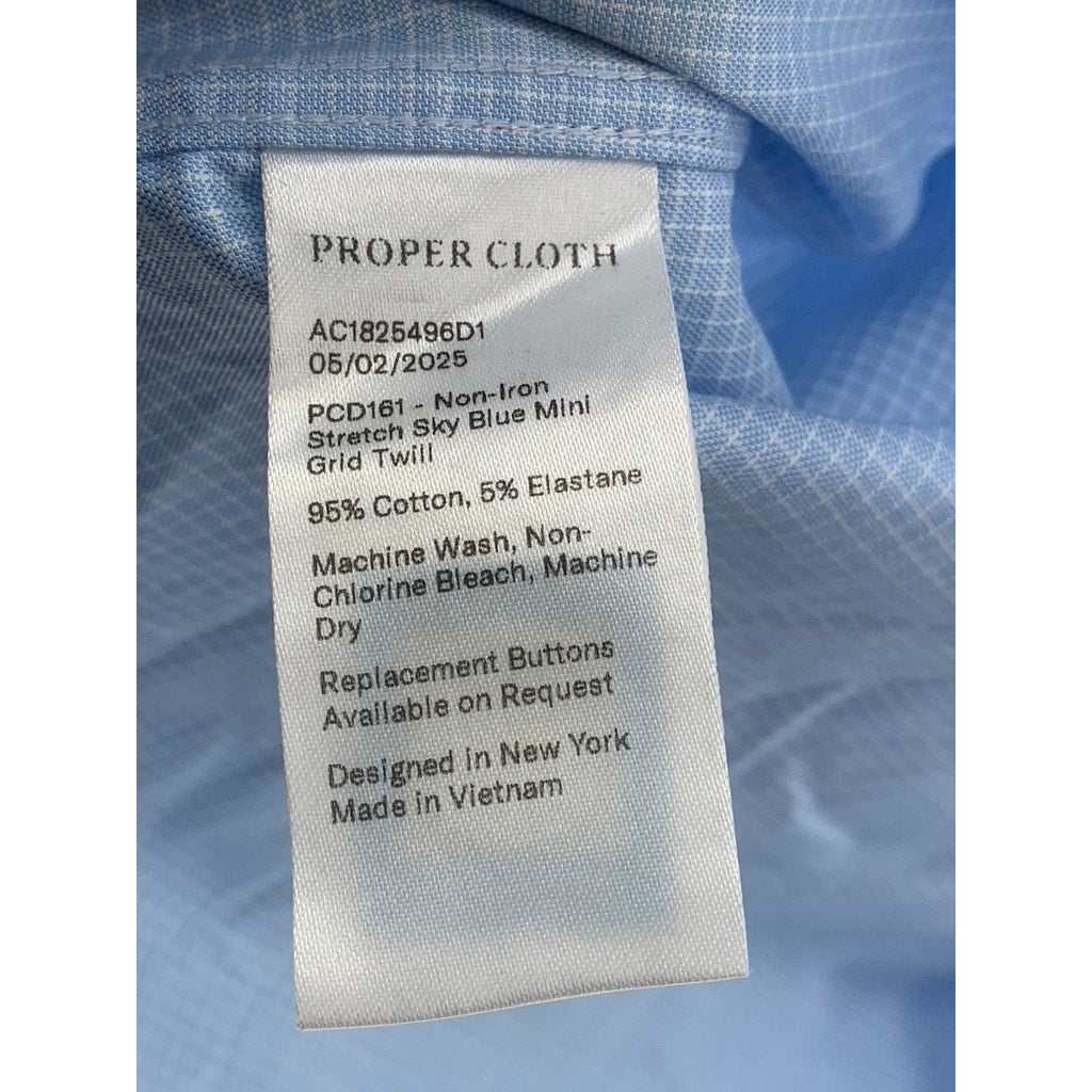 PROPER CLOTH Men's Light Blue Gingham Regular-Fit Long Sleeve Shirt SZ 16