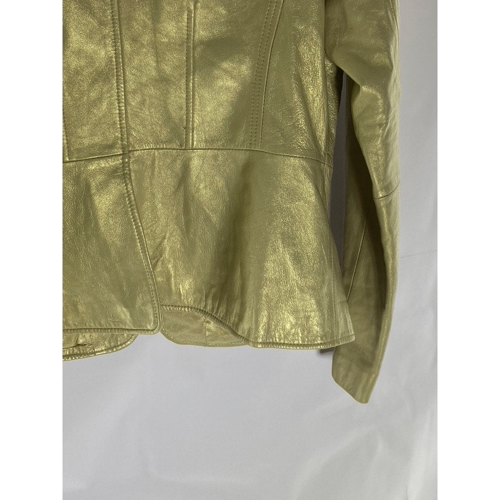 BERNARDO DESIGN Women's Vintage Gold Leather Notch Lapel Zip-Up Jacket SZ L