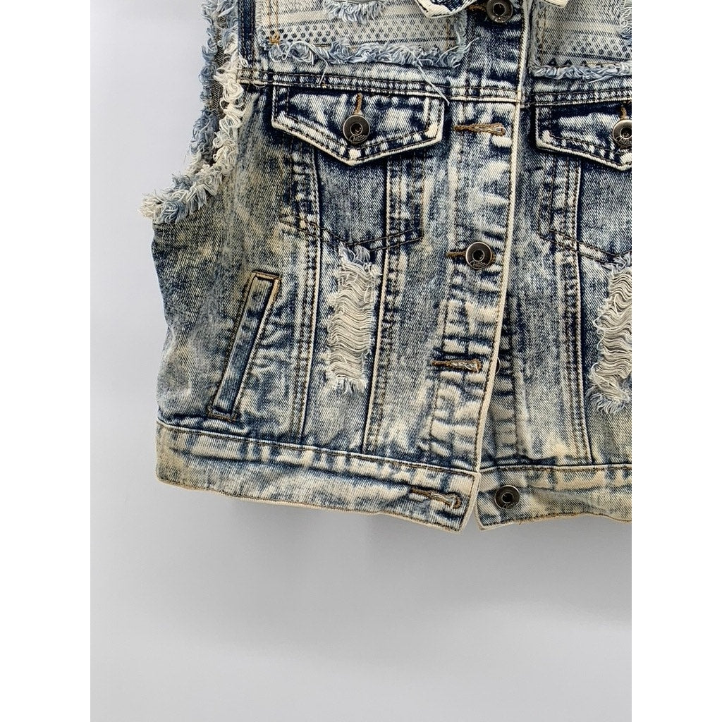CHIQLE Women's Blue Denim Architect Distressed Button-Up Sleeveless Vest SZ L