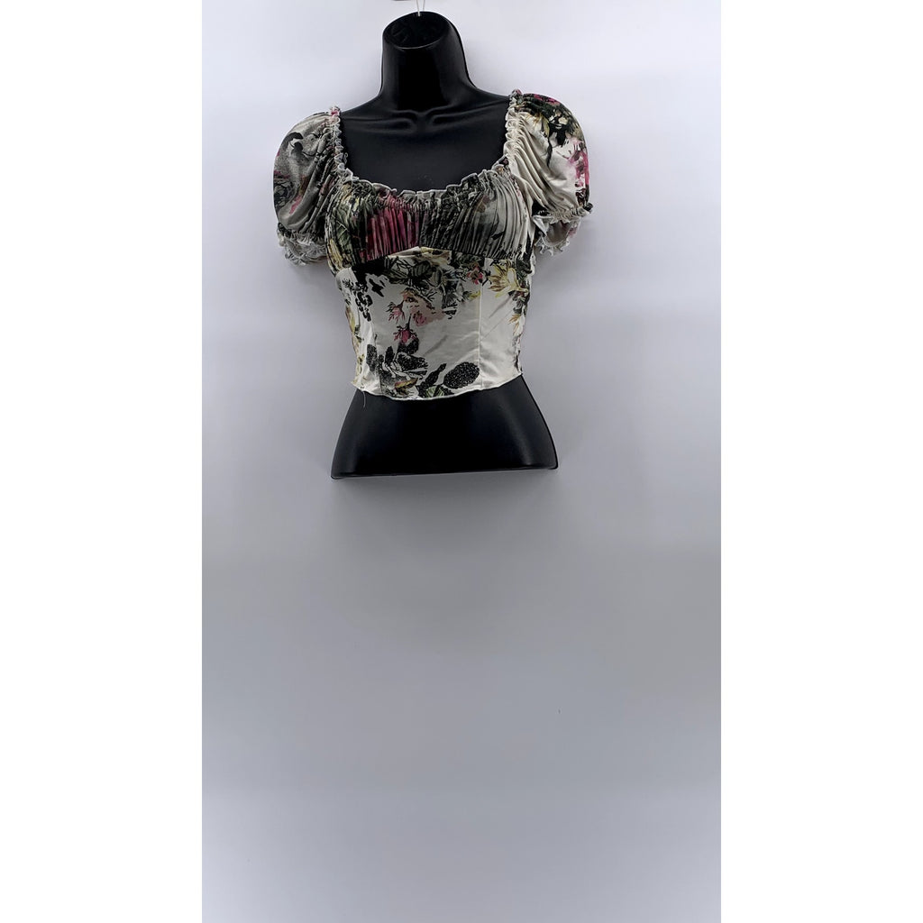 URBAN OUTFITTERS Women's White Floral Ruffle Corset Cropped Top SZ XS