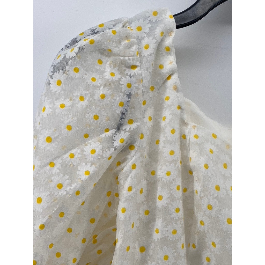 FOREVER 21 Women's White-Yellow Daisy Print Short Puff Sleeve Mini Dress SZ S