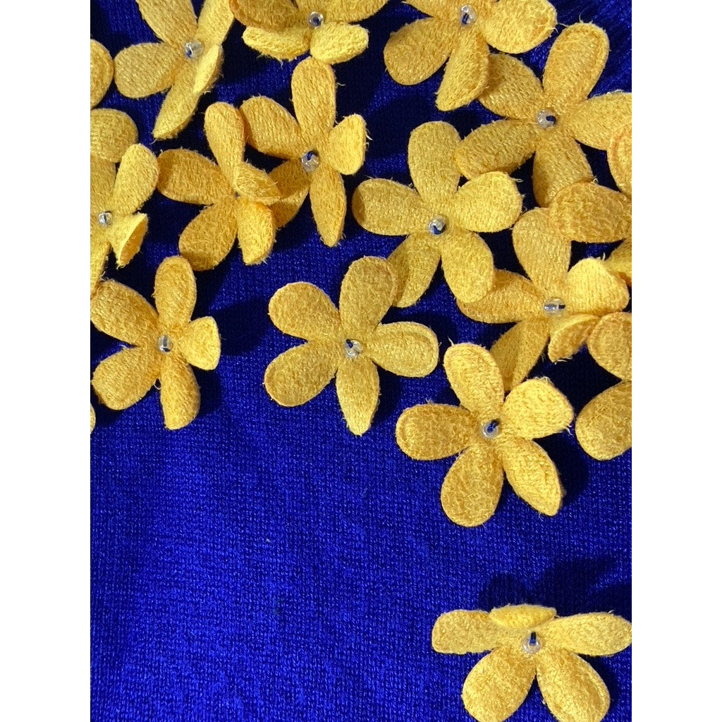 YAL NEW YORK Women’s Royal Blue-Yellow 3-D Floral Crewneck Short Sleeve Top SZ S