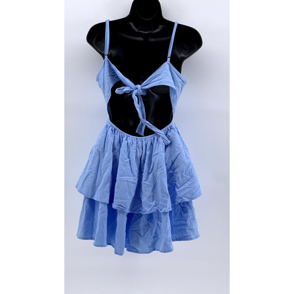 UNBRANDED Women's Blue Back-Tie Tiered Mini Dress SZ S
