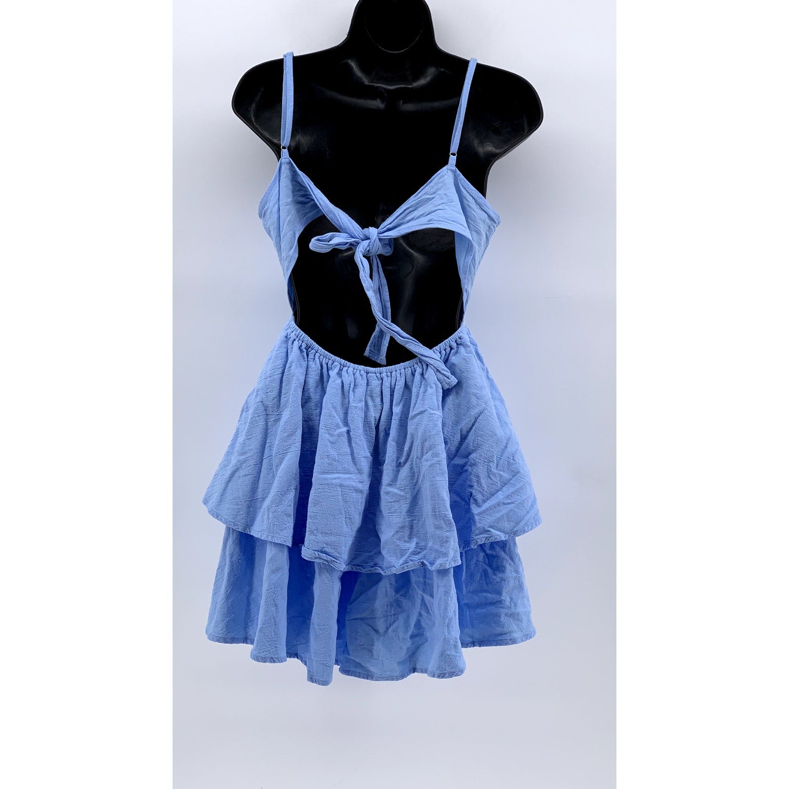 UNBRANDED Women's Blue Back-Tie Tiered Mini Dress SZ S