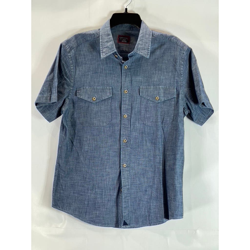 UNTUCKIT Men's Blue Chambray Terrano Slim-Fit Button-Up Short Sleeve Shirt SZ M