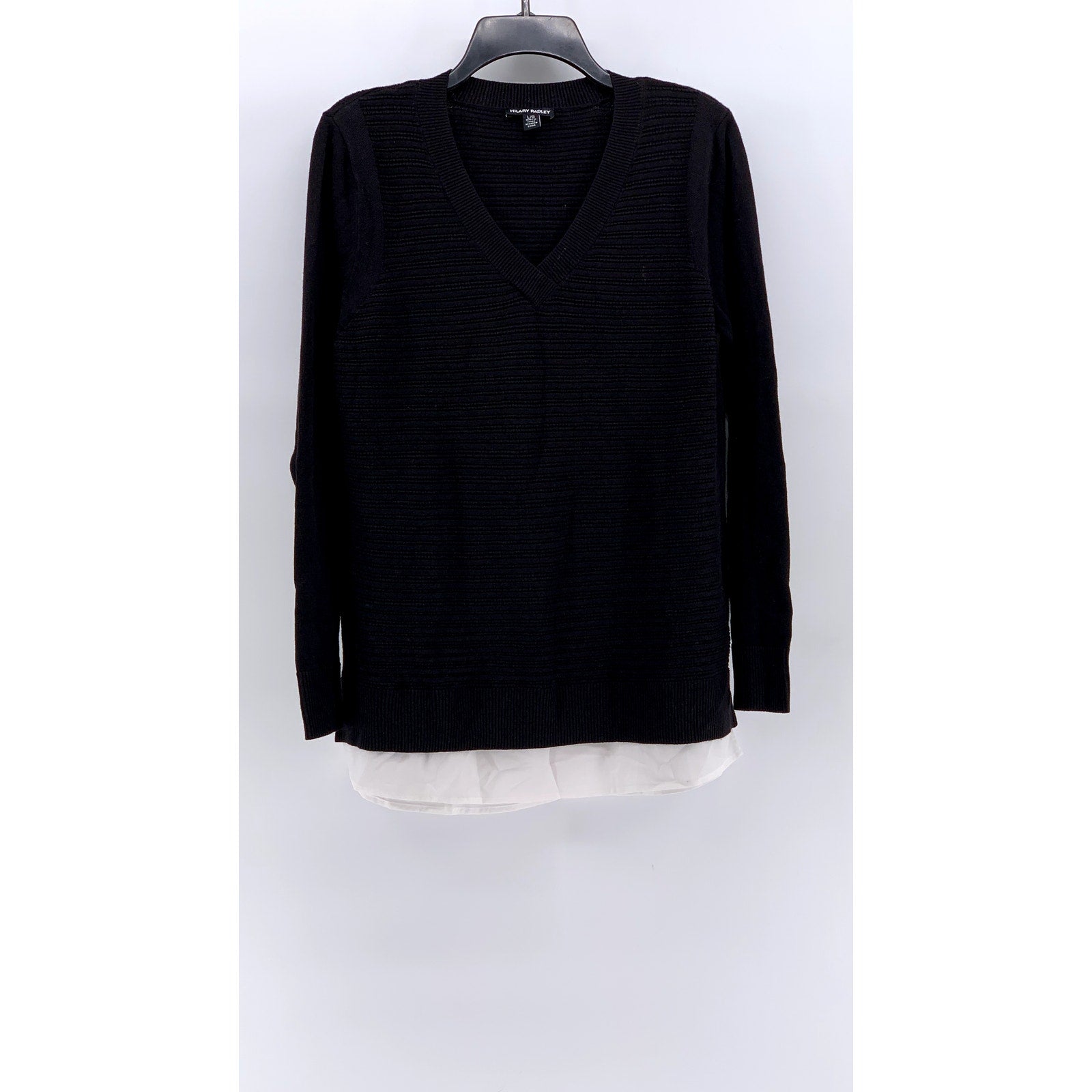HILARY RADLEY Women's Black V-Neck Layered Ribbed Sweater SZ L