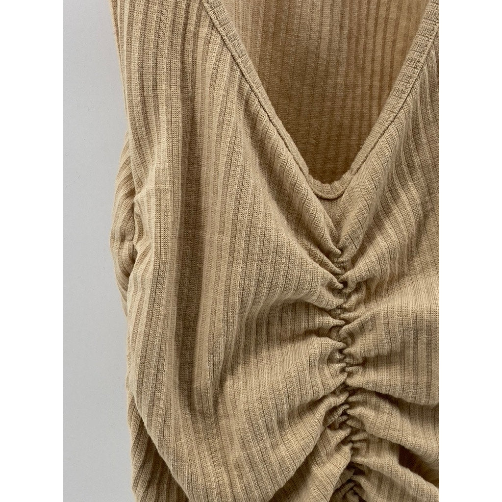 PRETTY LITTLE THINGS Women's Tan Ribbed Scoop-Neck Bodycon Mini Dress SZ 8